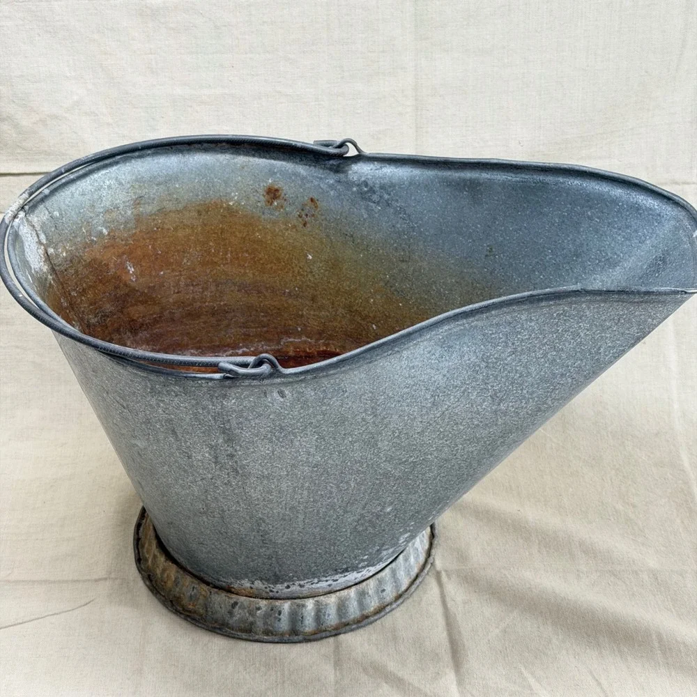 Vintage Galvanized Coal Hod Fall Porch Decor Bucket Fireplace Ash Scuttle Holder